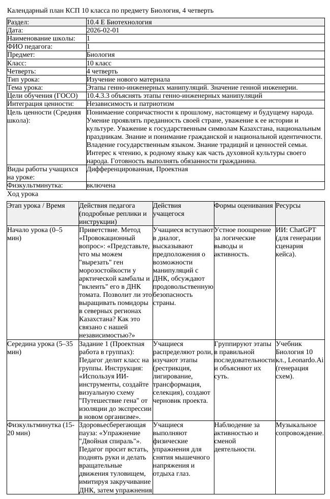 КСП Биология 10 класс 4 четверть Этапы генно инженерных манипуляций