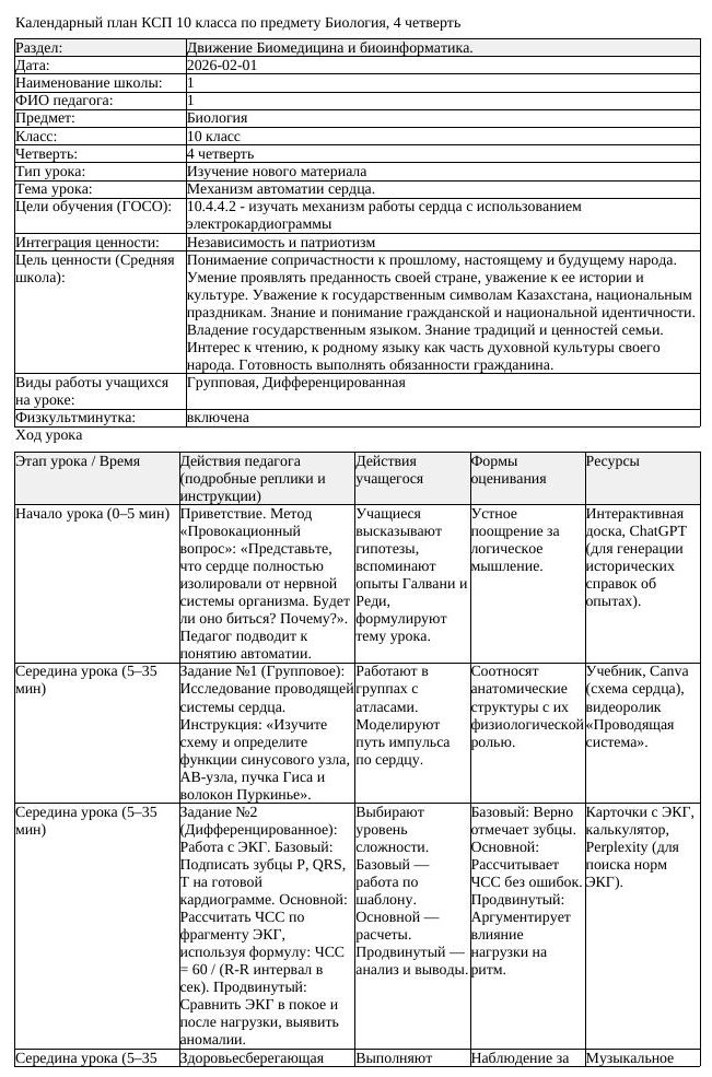 КСП Биология 10 класс 4 четверть Механизм автоматии сердца docx
