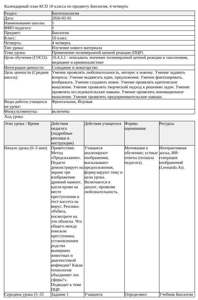 КСП Биология 10 класс 4 четверть Применение полимеразной цепной реакции