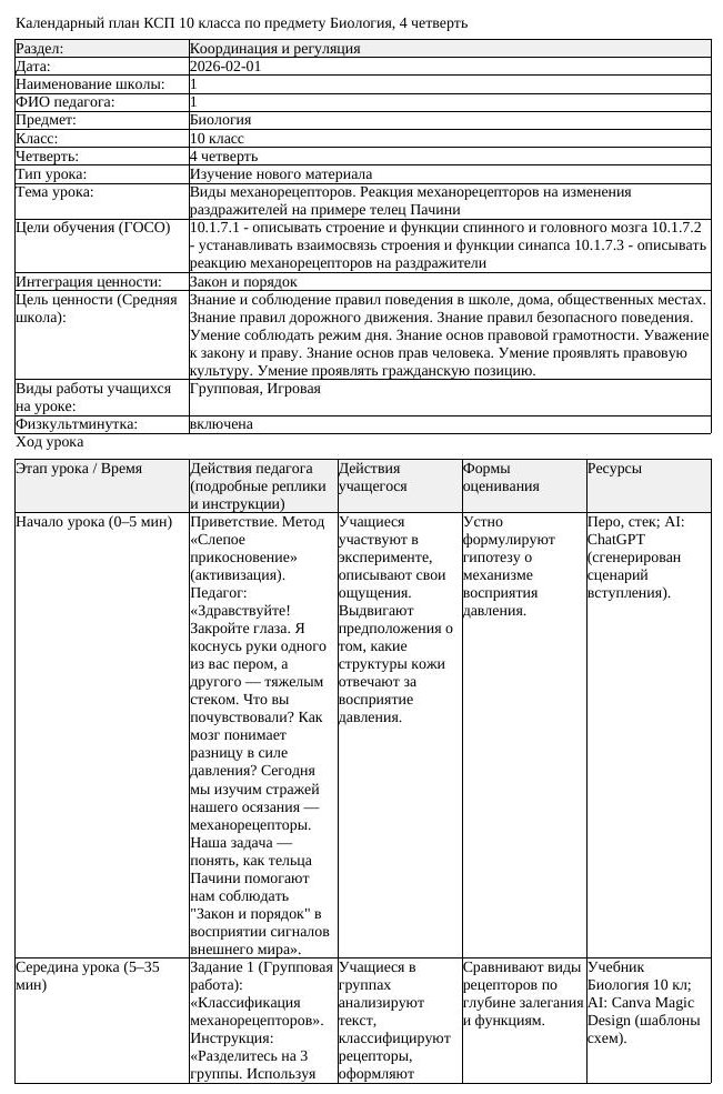КСП Биология 10 класс 4 четверть Виды механорецепторов Реакция механорецептор (урок 2)