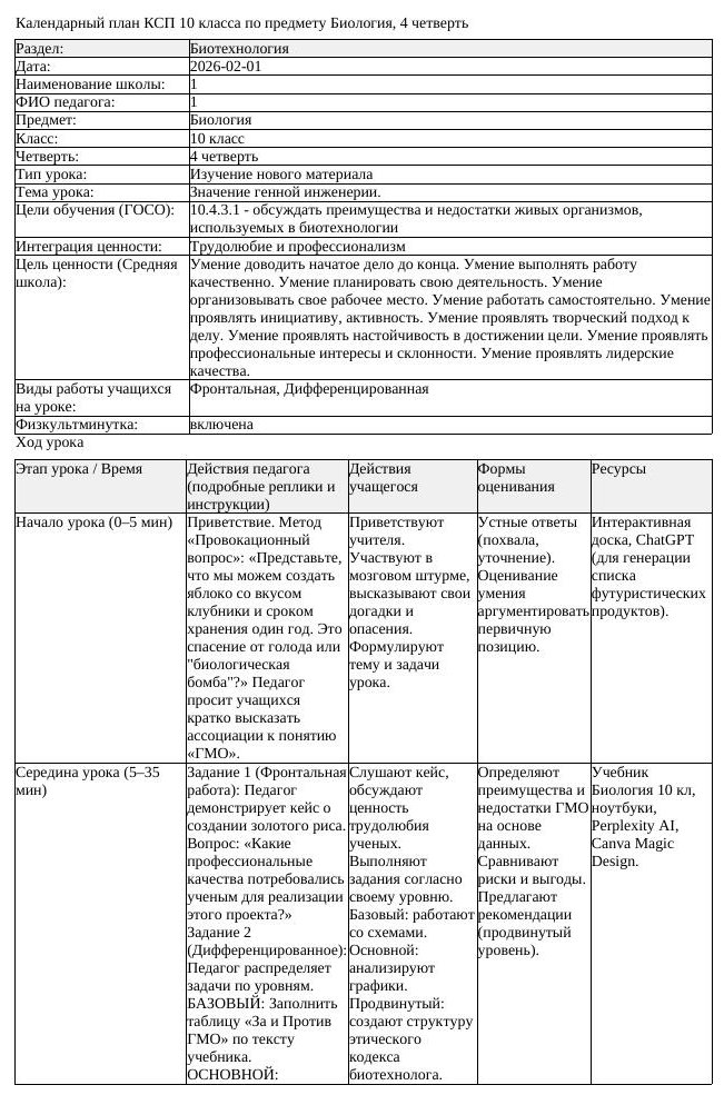 КСП Биология 10 класс 4 четверть Значение генной инженерии docx