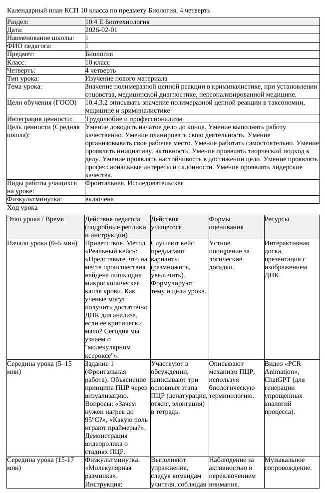 КСП Биология 10 класс 4 четверть Значение полимеразной цепной реакции (урок 2)