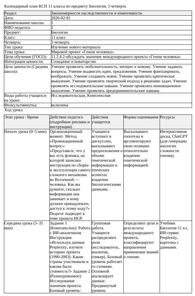 КСП Биология 11 класс 3 четверть Мировой проект Геном человека docx