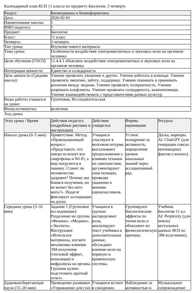 КСП Биология 11 класс 3 четверть Особенности воздействия электромагнитных