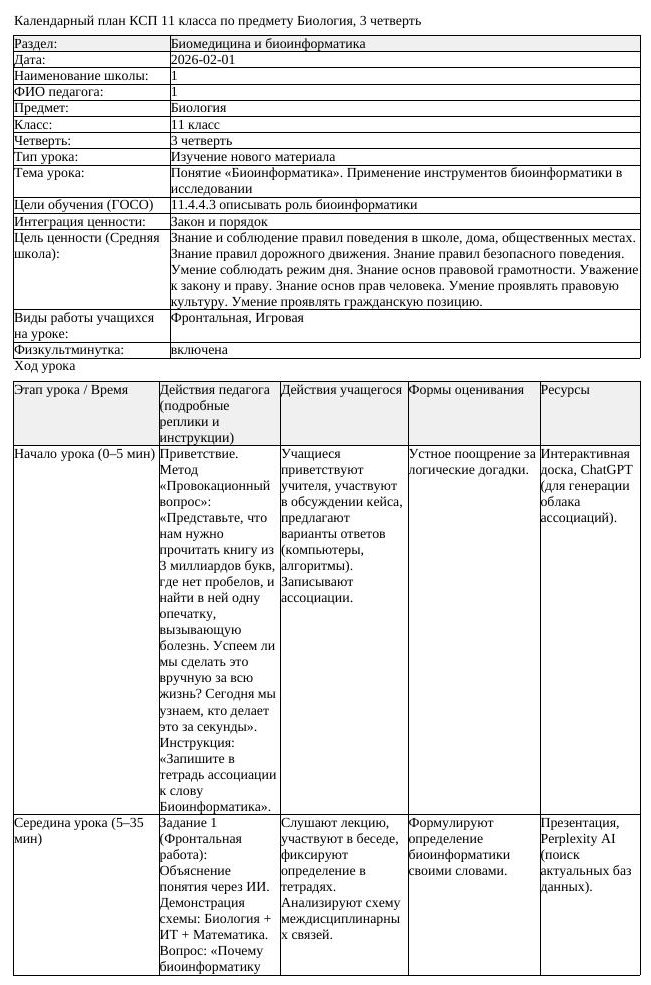 КСП Биология 11 класс 3 четверть Понятие Биоинформатика Применение