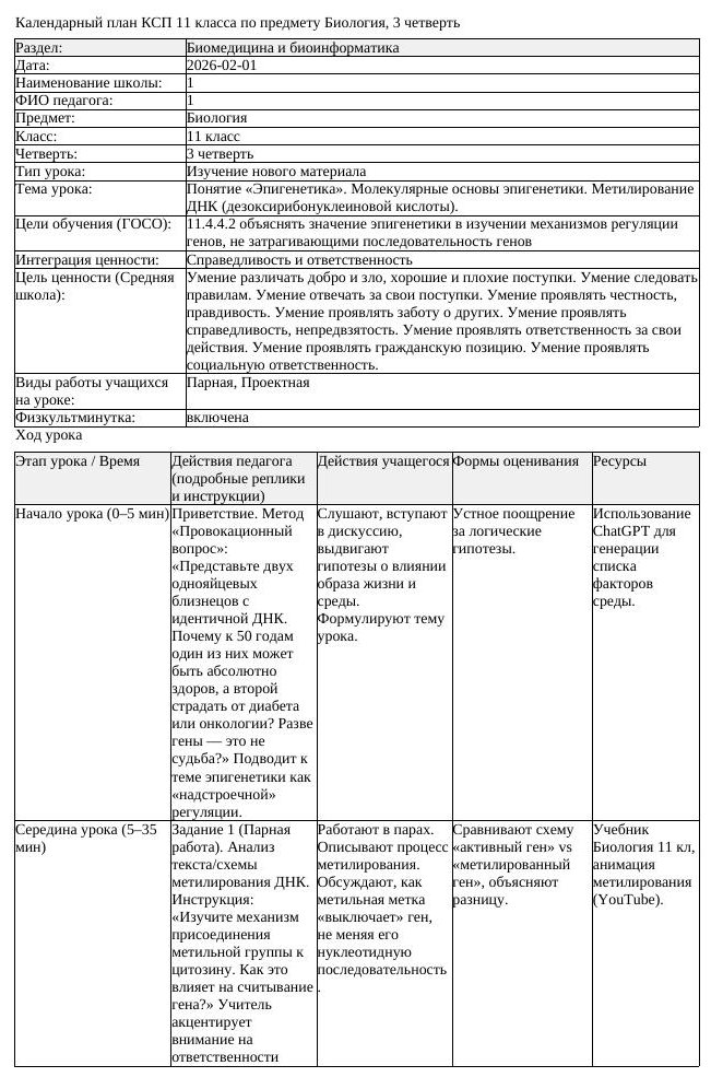 КСП Биология 11 класс 3 четверть Понятие Эпигенетика Молекулярные