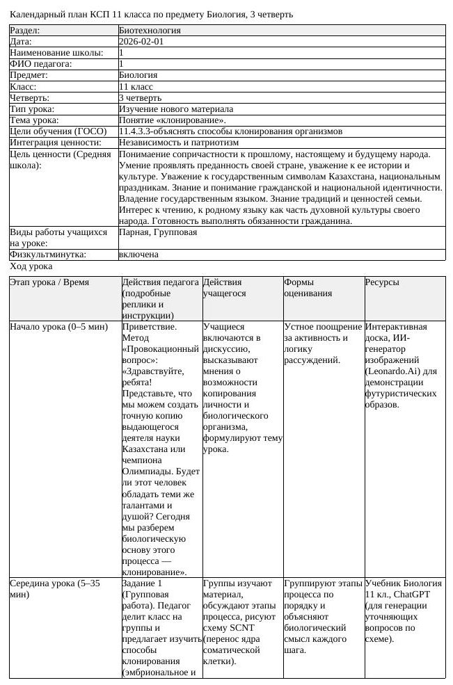 КСП Биология 11 класс 3 четверть Понятие клонирование docx