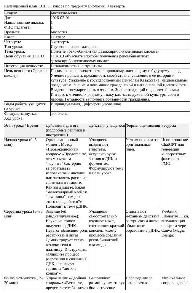 КСП Биология 11 класс 3 четверть Понятие рекомбинантная дезоксирибонуклеинова