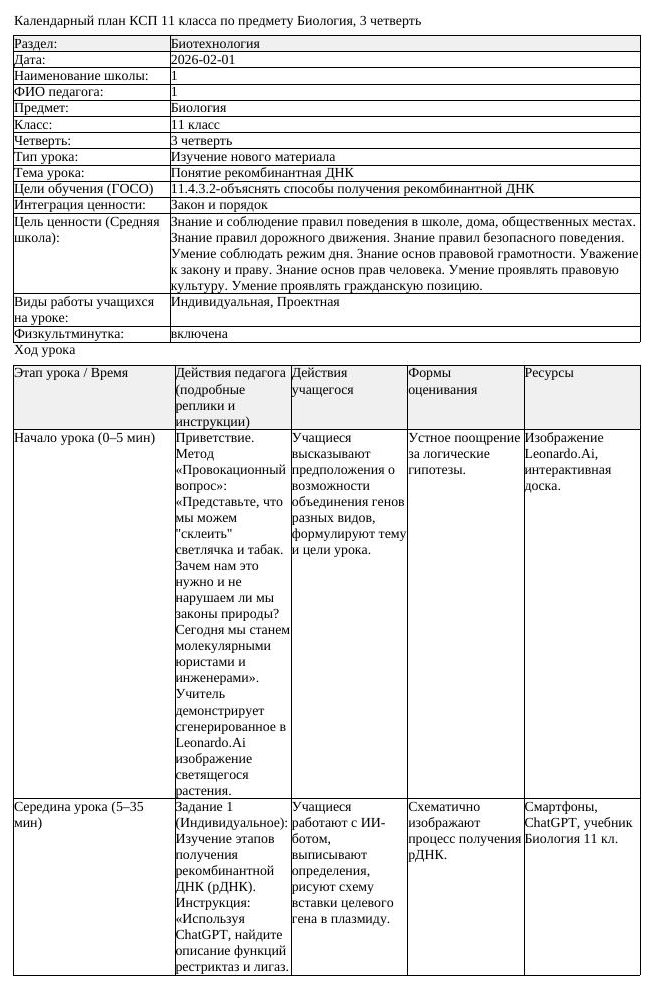 КСП Биология 11 класс 3 четверть Понятие рекомбинантная ДНК docx