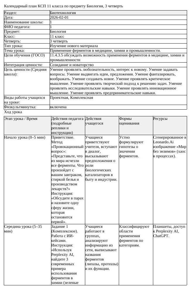 КСП Биология 11 класс 3 четверть Применение ферментов в медицине химии (урок 1)