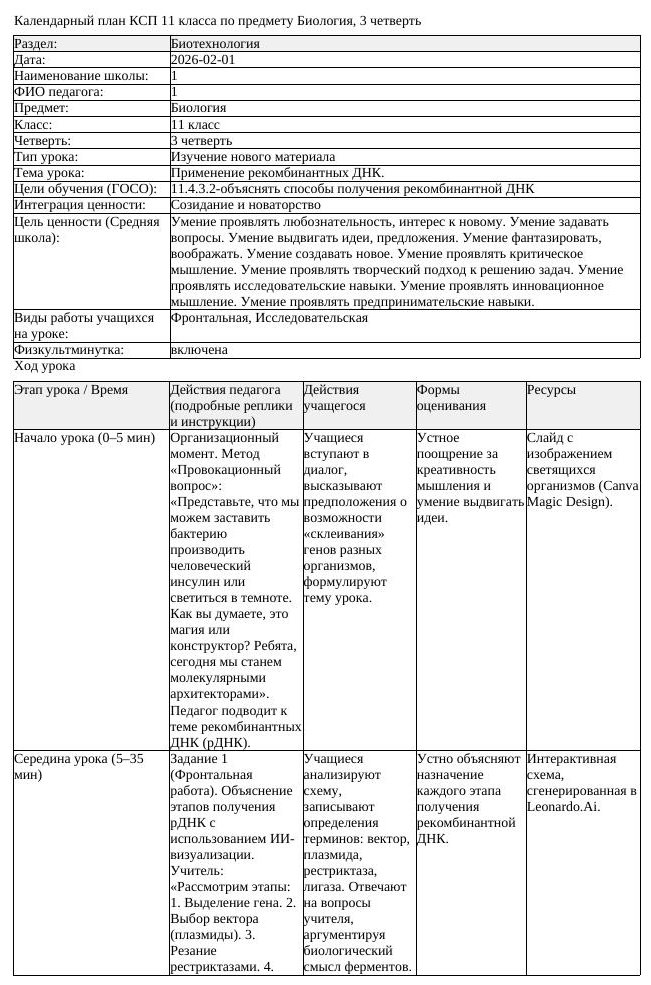 КСП Биология 11 класс 3 четверть Применение рекомбинантных ДНК docx (урок 2)