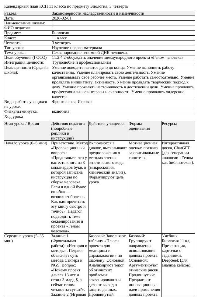 КСП Биология 11 класс 3 четверть Секвенирование геномной ДНК человека