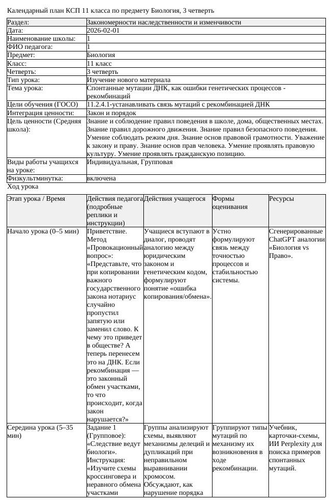 КСП Биология 11 класс 3 четверть Спонтанные мутации ДНК как ошибки