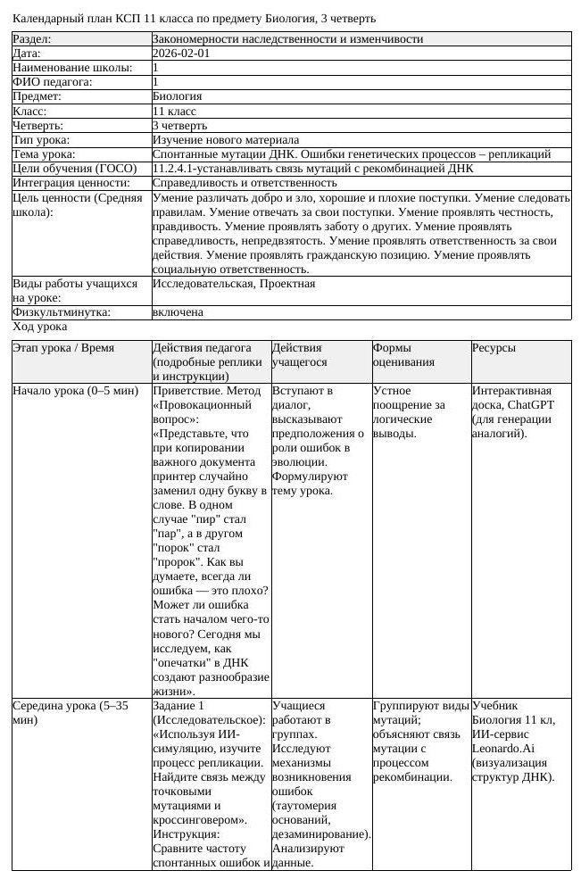 КСП Биология 11 класс 3 четверть Спонтанные мутации ДНК Ошибки генетических