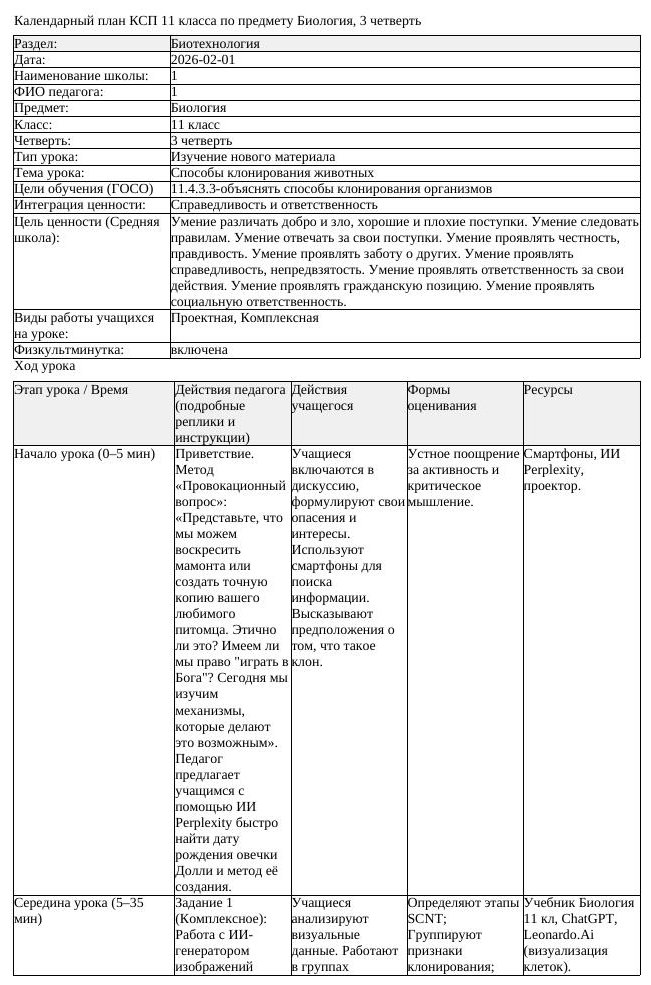 КСП Биология 11 класс 3 четверть Способы клонирования животных docx