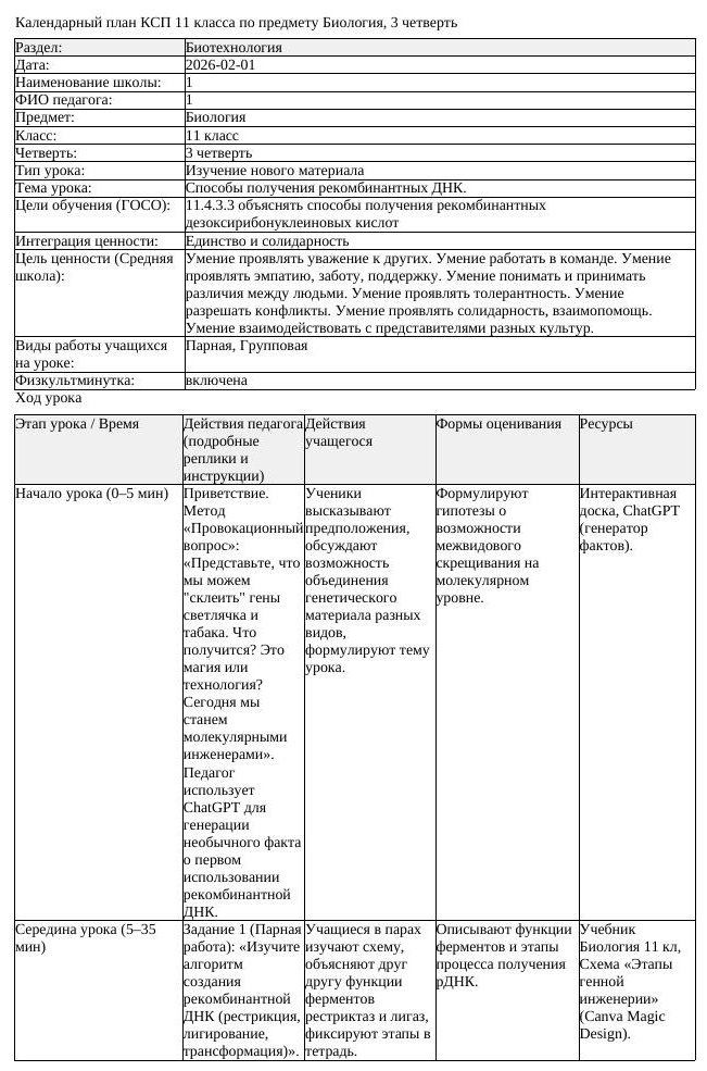 КСП Биология 11 класс 3 четверть Способы получения рекомбинантных (урок 1)