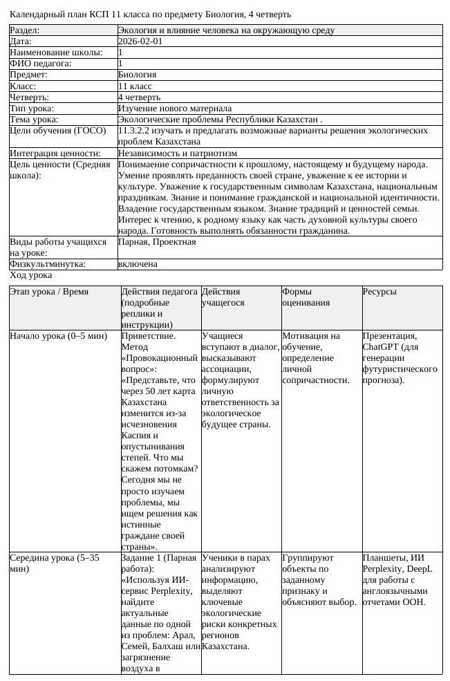 КСП Биология 11 класс 4 четверть Экологические проблемы Республики (урок 1)