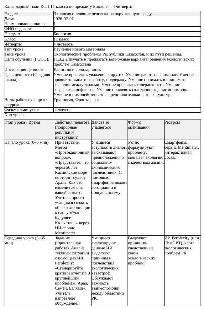 КСП Биология 11 класс 4 четверть Экологические проблемы Республики (урок 2)