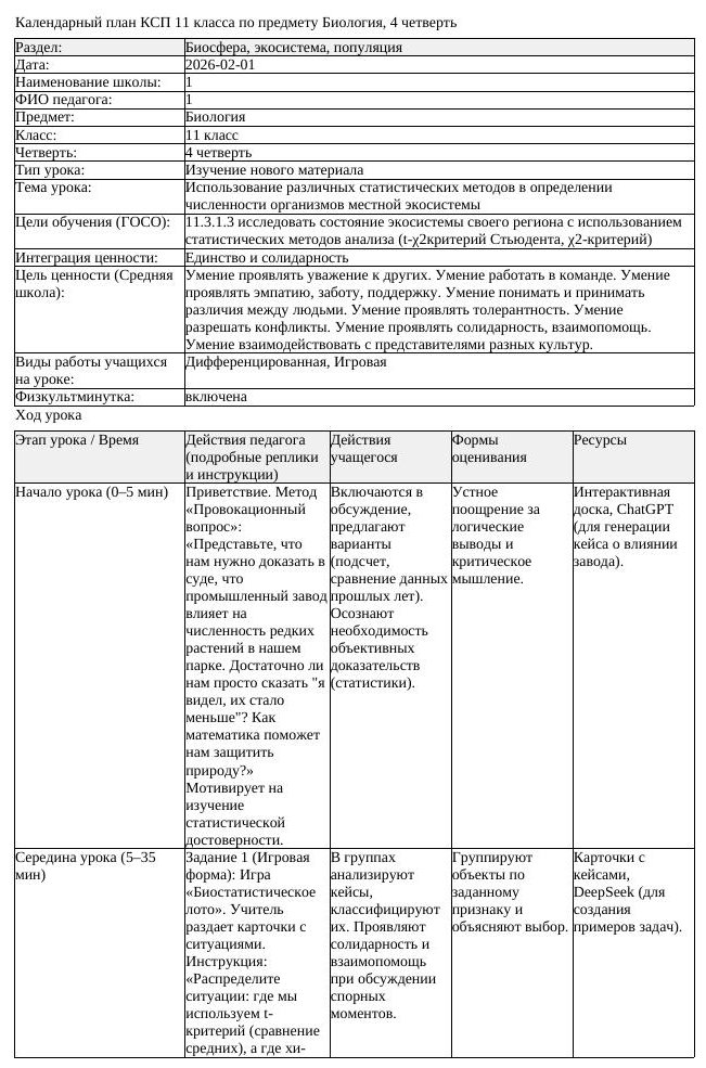 КСП Биология 11 класс 4 четверть Использование различных статистических (урок 1)