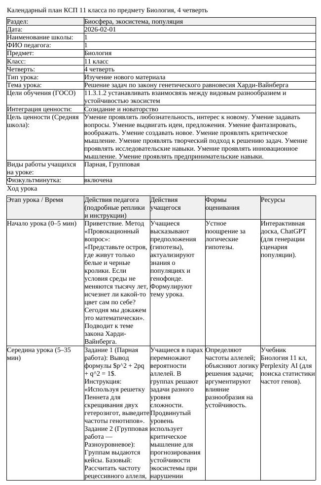 КСП Биология 11 класс 4 четверть Решение задач по закону генетического