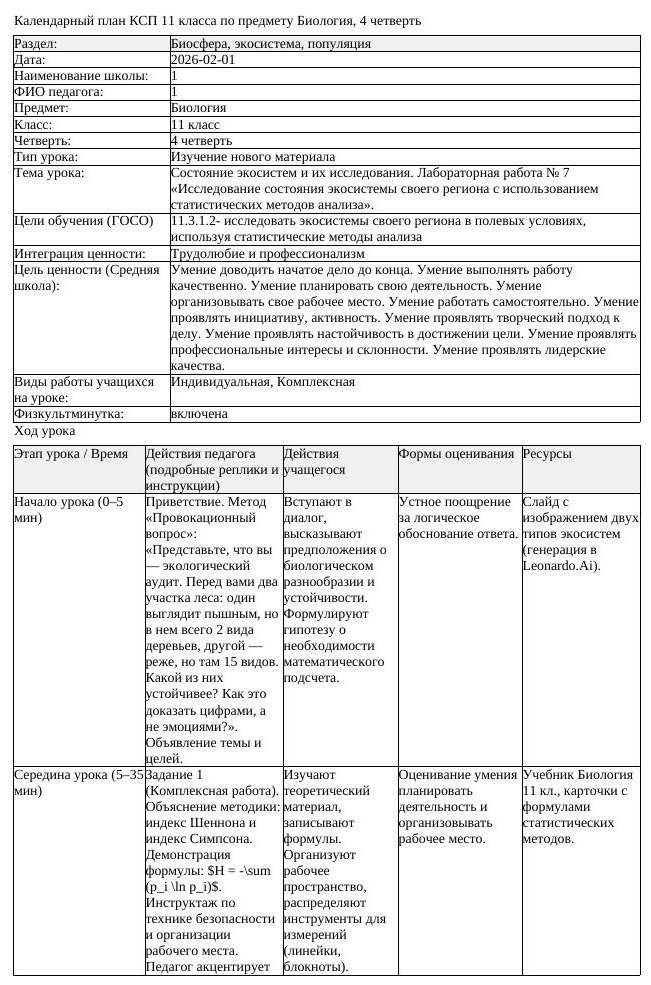 КСП Биология 11 класс 4 четверть Состояние экосистем и их исследования