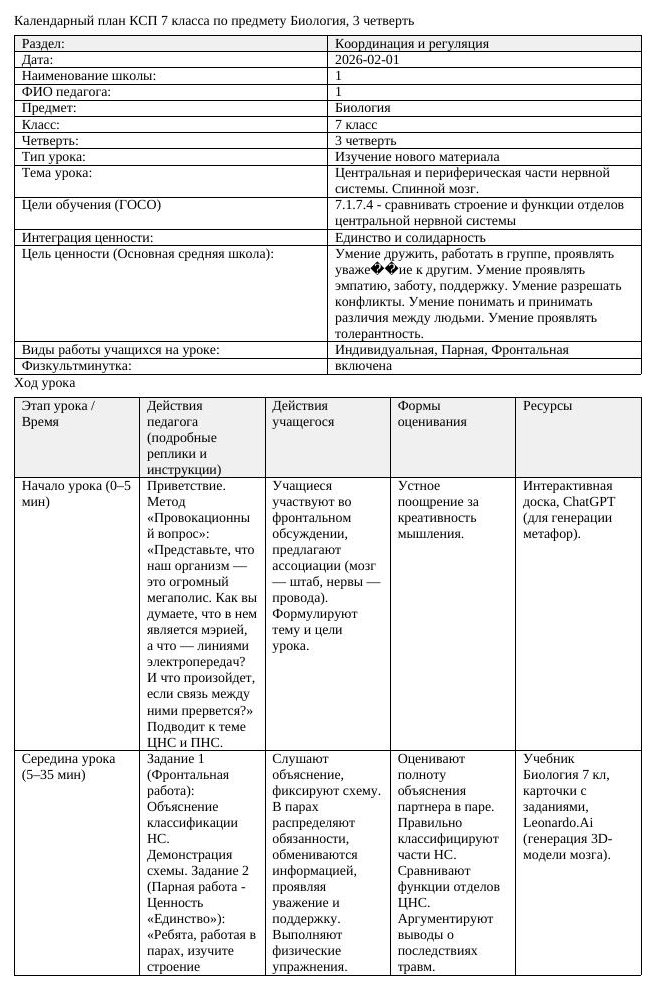 КСП Биология 7 класс 3 четверть Центральная и периферическая части