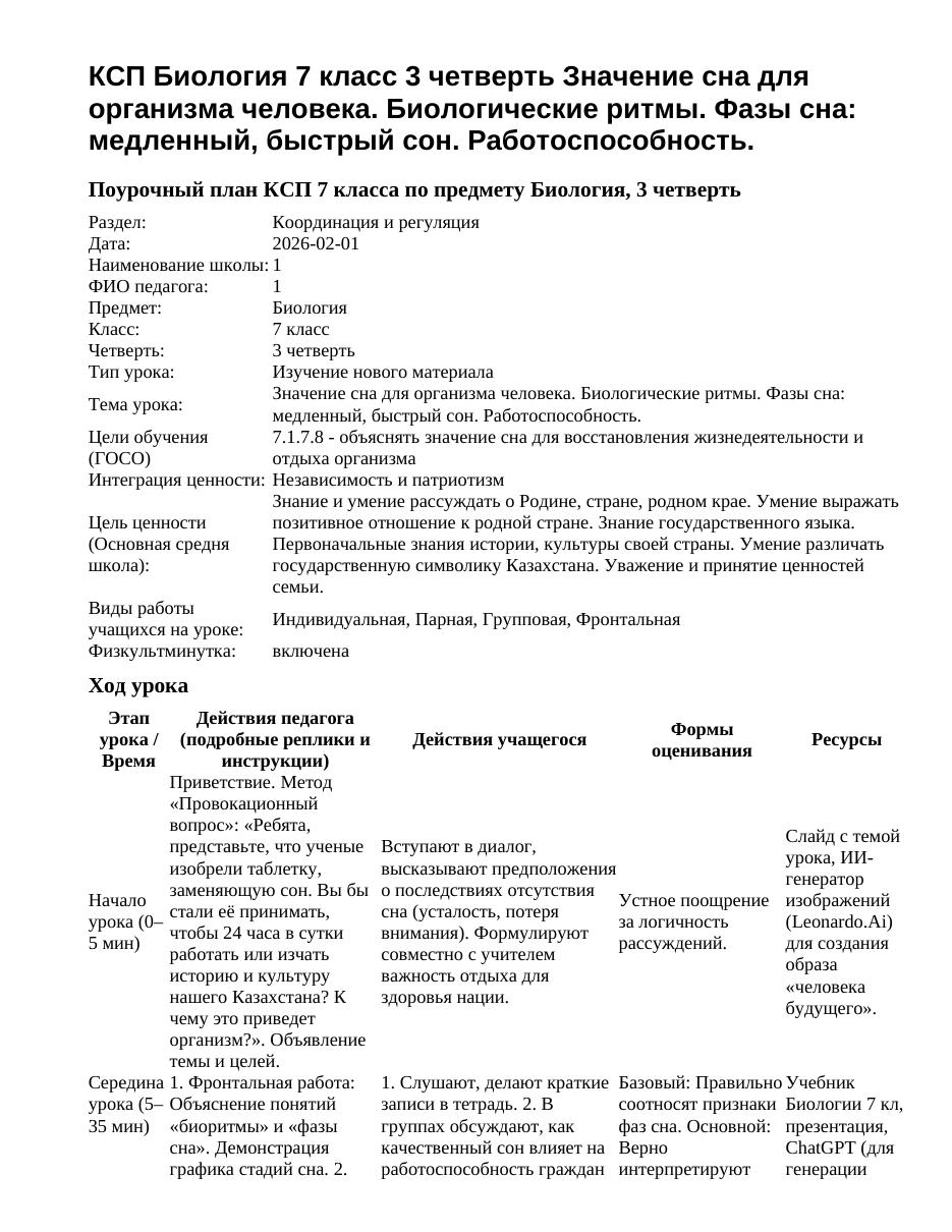 КСП Биология 7 класс 3 четверть Значение сна для организма человека. Биологические ритмы. Фазы сна: медленный, быстрый сон. Работоспособность.
