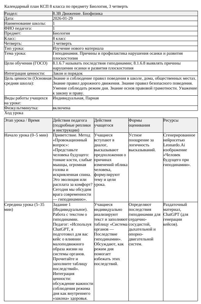 КСП Биология 8 класс 3 четверть Гиподинамия Причины и профилактика