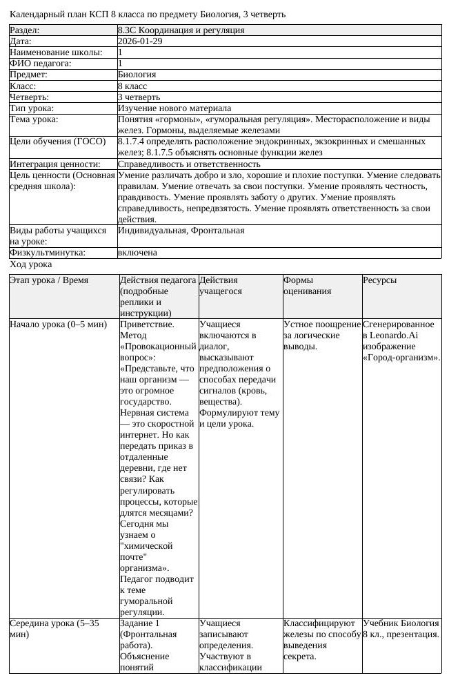 КСП Биология 8 класс 3 четверть Понятия гормоны гуморальная регуляция