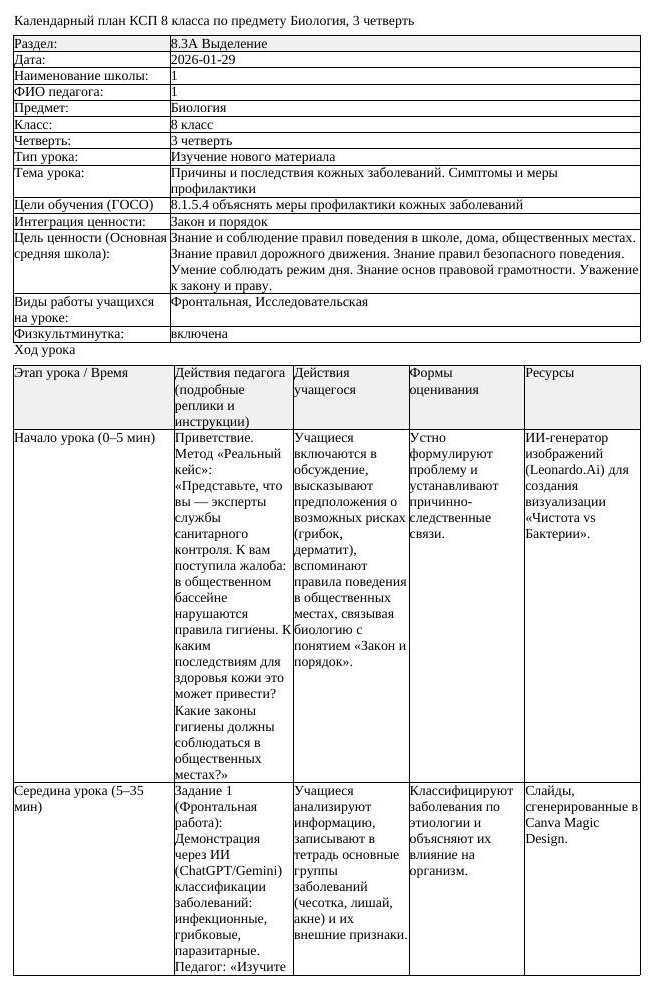 КСП Биология 8 класс 3 четверть Причины и последствия кожных заболеваний