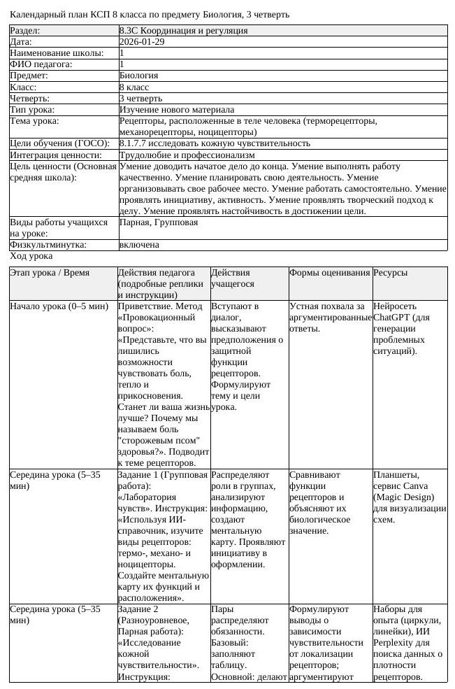 КСП Биология 8 класс 3 четверть Рецепторы расположенные в теле человека