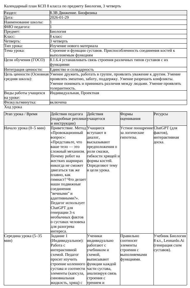 КСП Биология 8 класс 3 четверть Строение и функции суставов Приспособленность