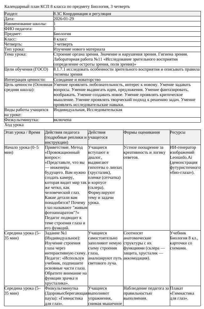 КСП Биология 8 класс 3 четверть Строение органа зрения Значение и
