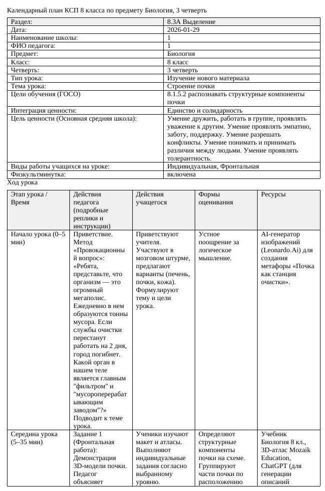 КСП Биология 8 класс 3 четверть Строение почки docx