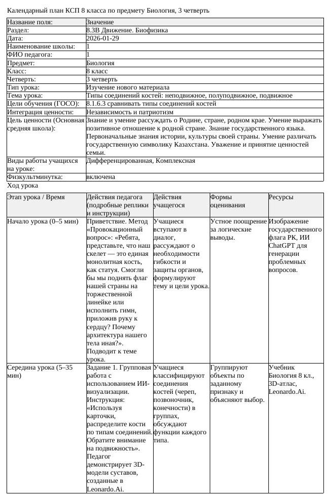 КСП Биология 8 класс 3 четверть Типы соединений костей неподвижное