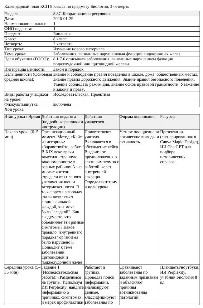 КСП Биология 8 класс 3 четверть Заболевания вызванные нарушениями