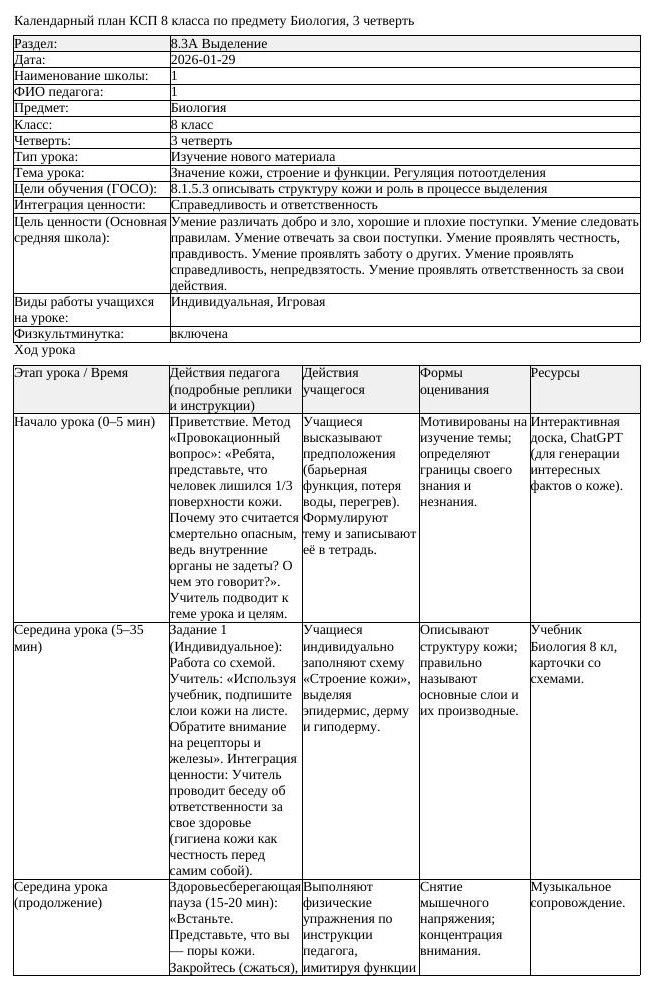 КСП Биология 8 класс 3 четверть Значение кожи строение и функции Регуляция