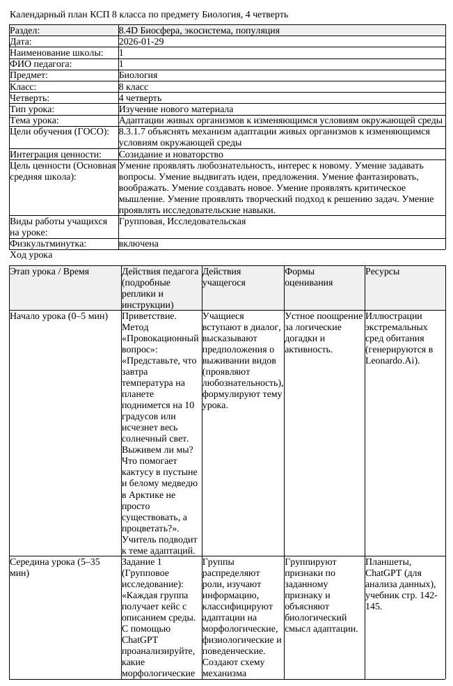 КСП Биология 8 класс 4 четверть Адаптации живых организмов к изменяющимся