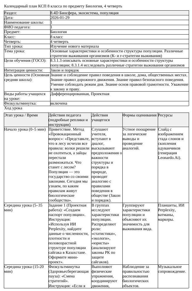 КСП Биология 8 класс 4 четверть Основные характеристики и особенности