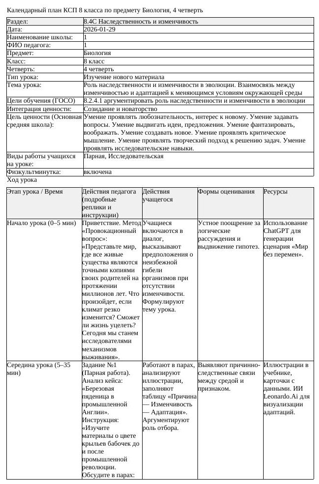 КСП Биология 8 класс 4 четверть Роль наследственности и изменчивости