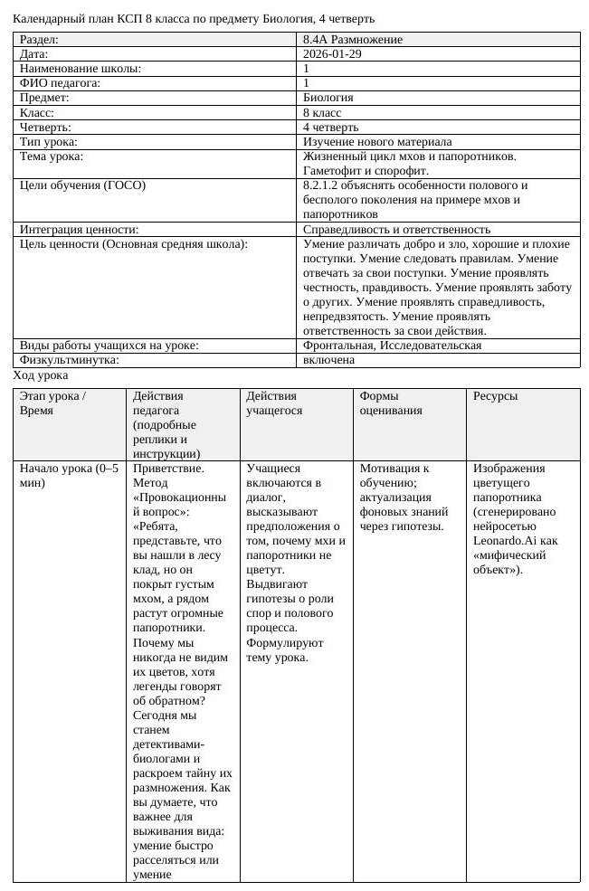 КСП Биология 8 класс 4 четверть Жизненный цикл мхов и папоротников