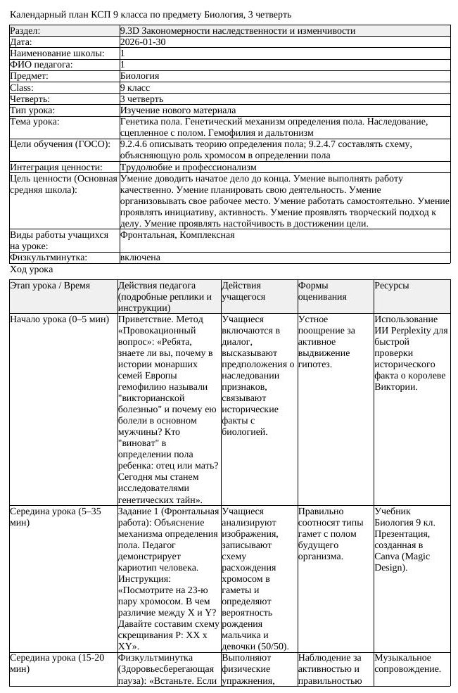 КСП Биология 9 класс 3 четверть Генетика пола Генетический механизм