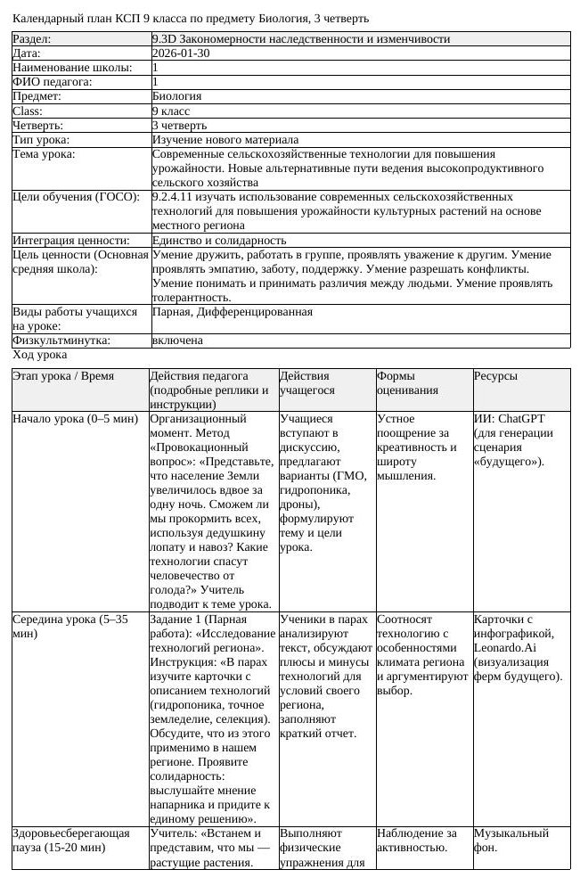 КСП Биология 9 класс 3 четверть Современные сельскохозяйственные технологии