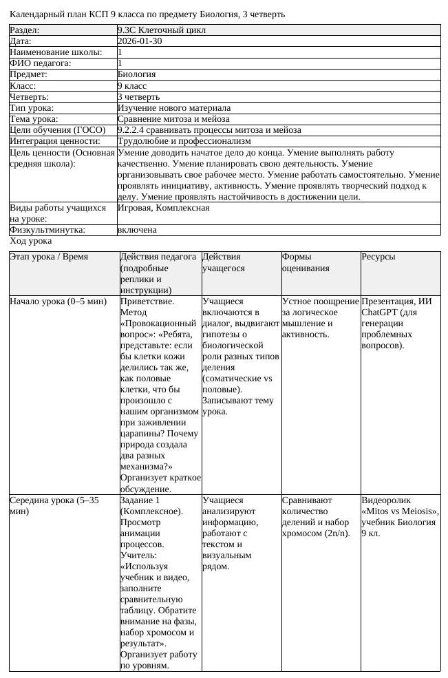 КСП Биология 9 класс 3 четверть Сравнение митоза и мейоза docx