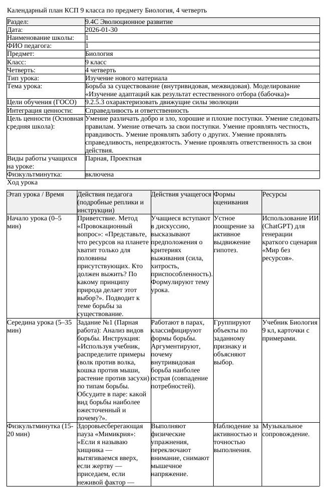 КСП Биология 9 класс 4 четверть Борьба за существование внутривидовая