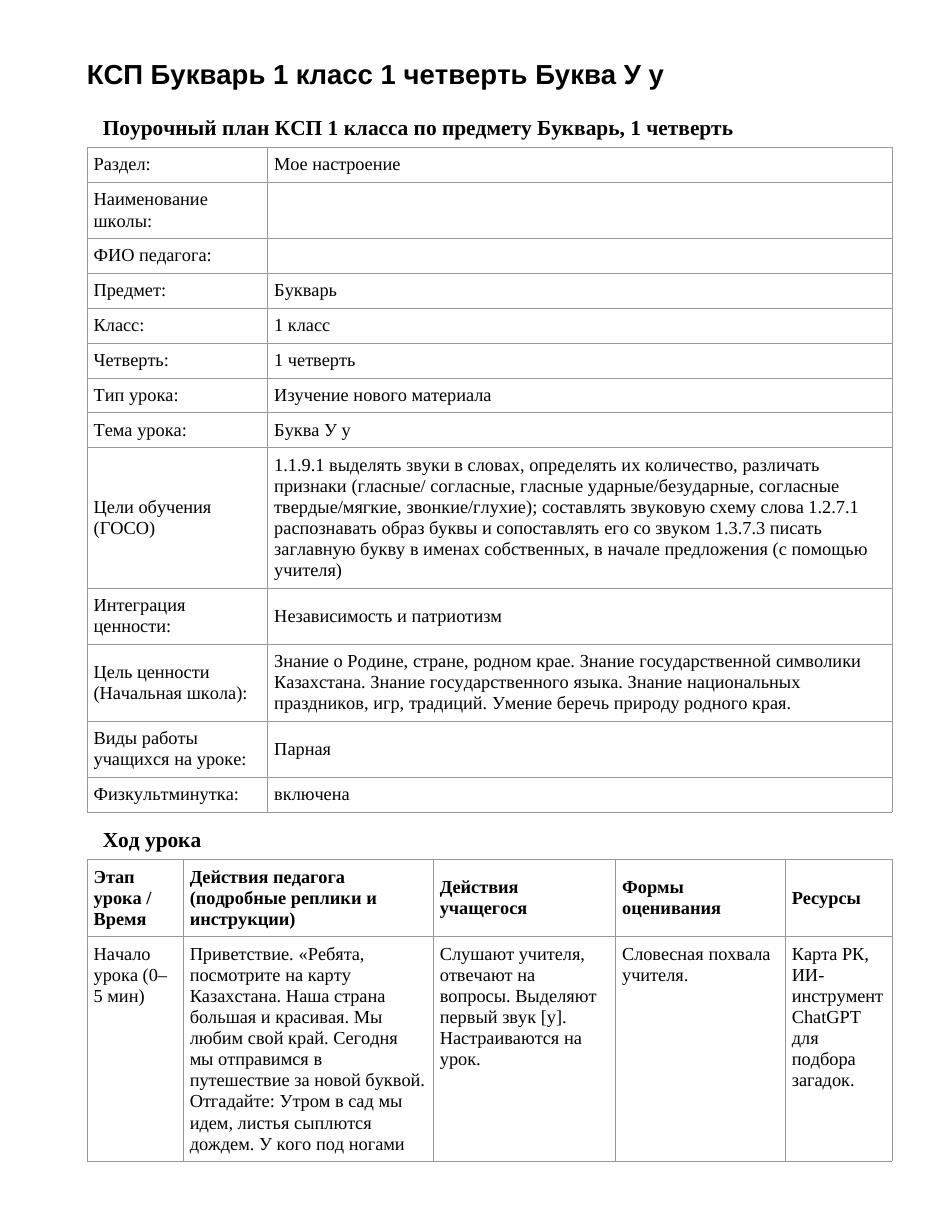 КСП Букварь 1 класс 1 четверть Буква У у