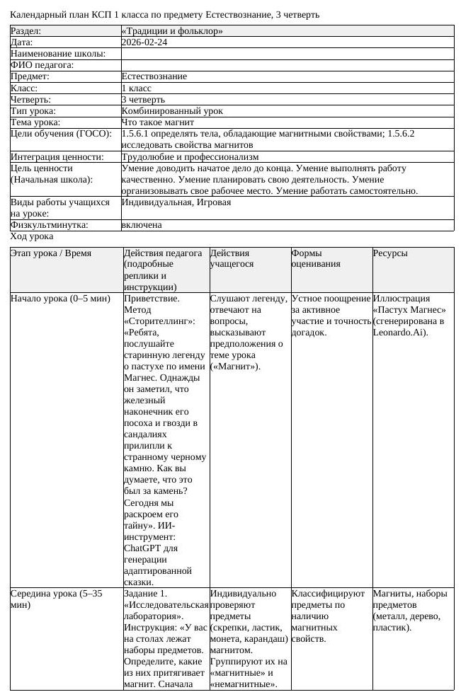 КСП Естествознание 1 класс 3 четверть Что такое магнит docx