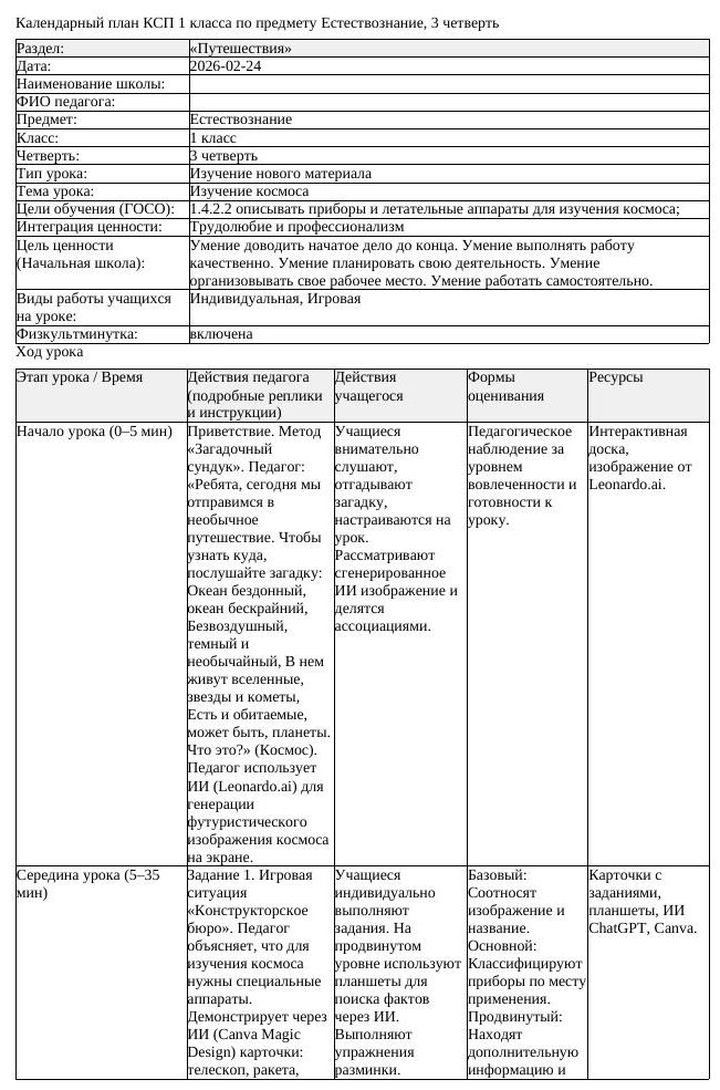 КСП Естествознание 1 класс 3 четверть Изучение космоса doc