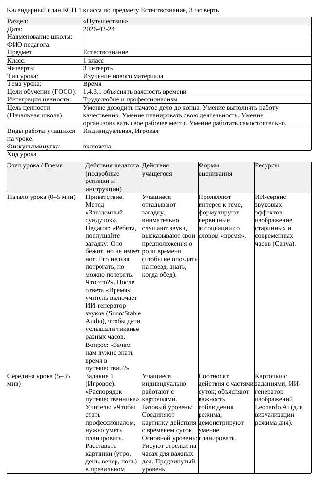 КСП Естествознание 1 класс 3 четверть Время docx