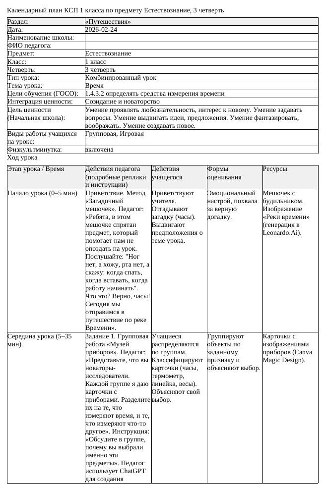 КСП Естествознание 1 класс 3 четверть Время docx 1